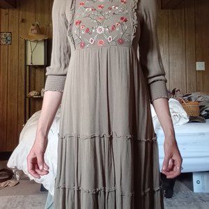 Embroidered Ruffle Tiered Midi Cottage Core Dress